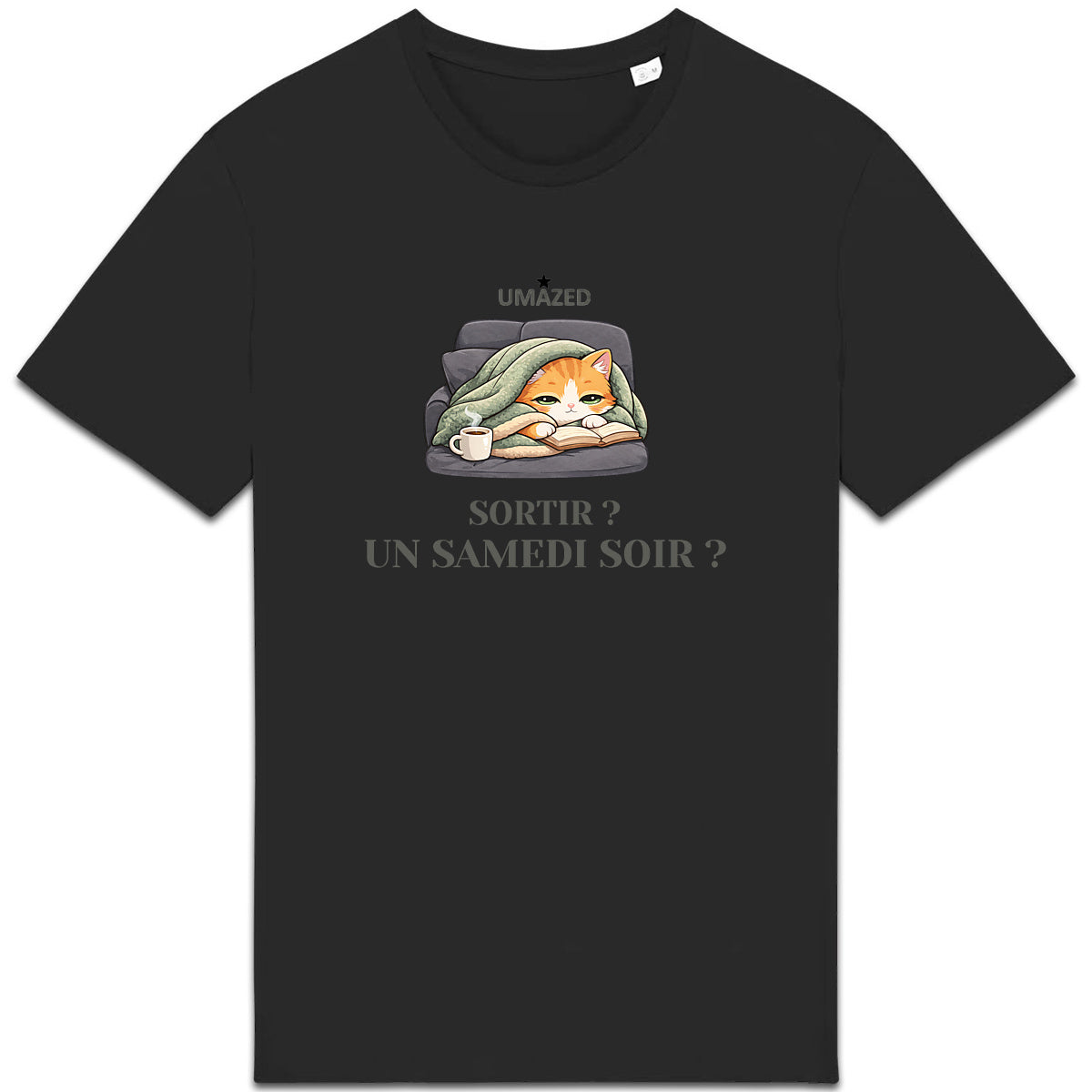 Tshirt chat cocooning | Fun drôle humour | Cadeau | Coton bio | UMAZED France - face_0