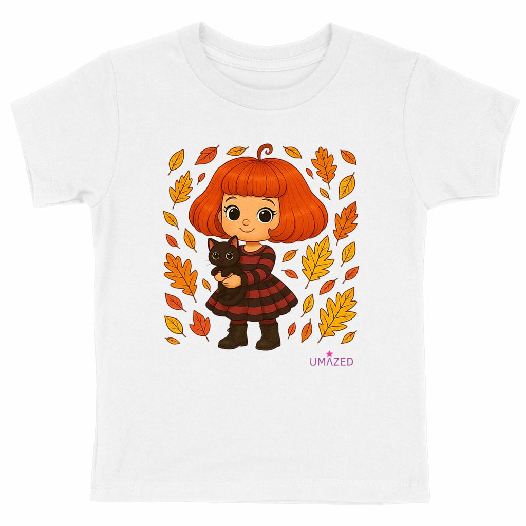 T-shirt enfant automne chat mignon | Tee-shirt bio coton made in France | Fun fille garçon - face_blanc