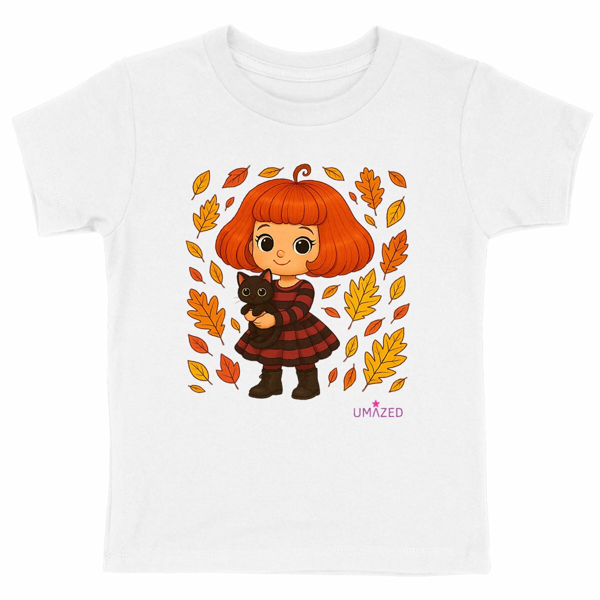 T-shirt enfant automne chat mignon | Tee-shirt bio coton made in France | Fun fille garçon - face_blanc