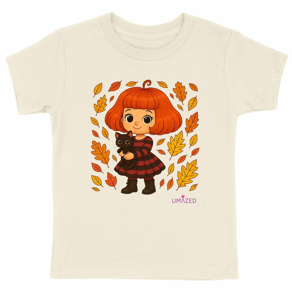 T-shirt enfant automne chat mignon | Tee-shirt bio coton made in France | Fun fille garçon - face_naturel