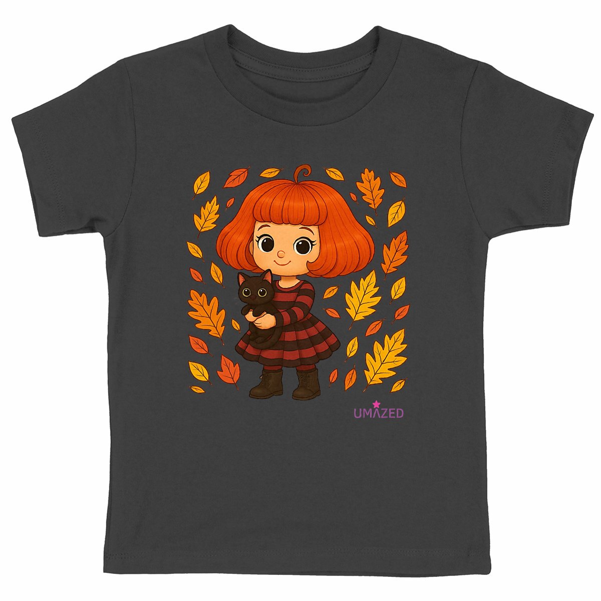 T-shirt enfant automne chat mignon | Tee-shirt bio coton made in France | Fun fille garçon - face_noir