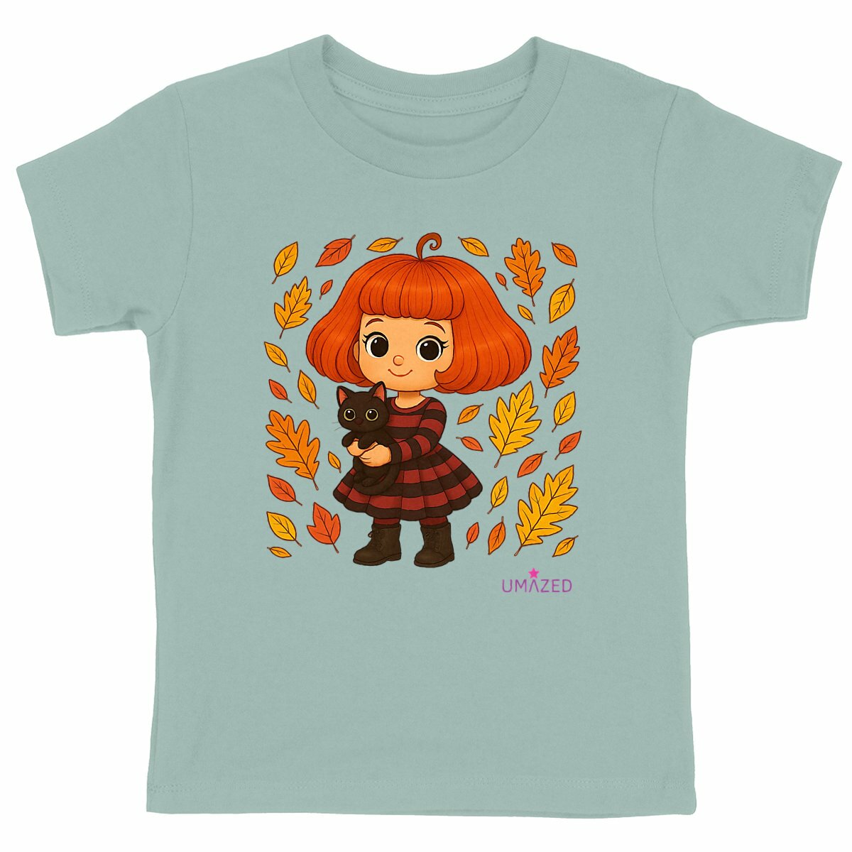 T-shirt enfant automne chat mignon | Tee-shirt bio coton made in France | Fun fille garçon - face_vert